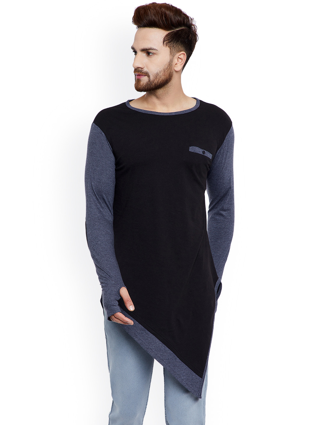 

Hypernation Men Black Solid Round Neck Longline T-shirt