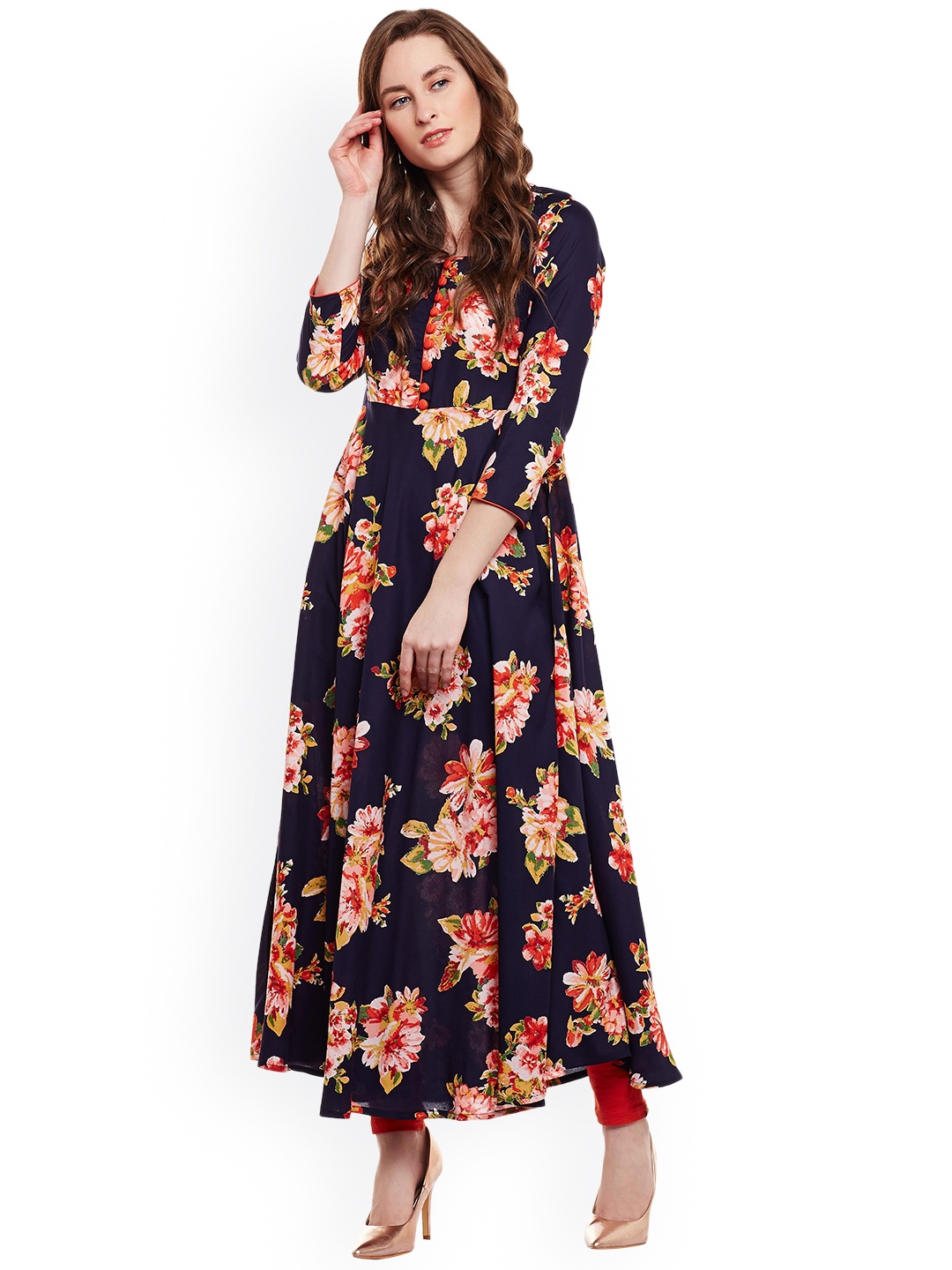

Tissu Women Navy Blue Floral Printed A-Line Kurta