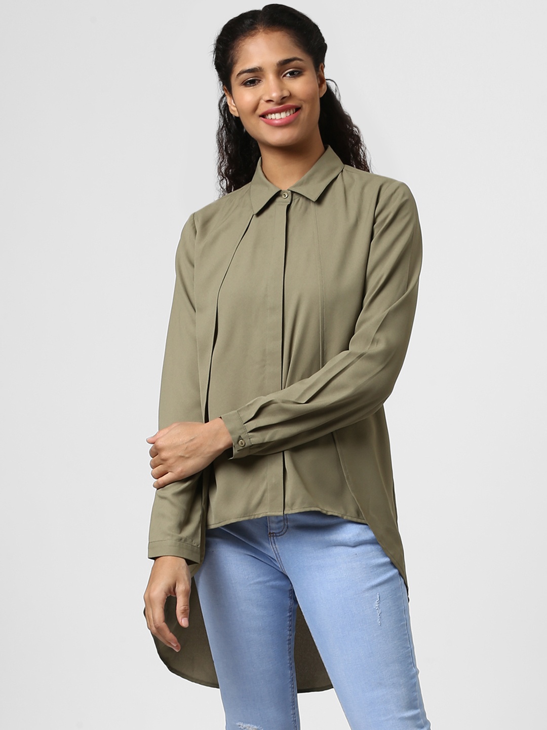 

Harpa Women Olive Green Solid High-Low Top