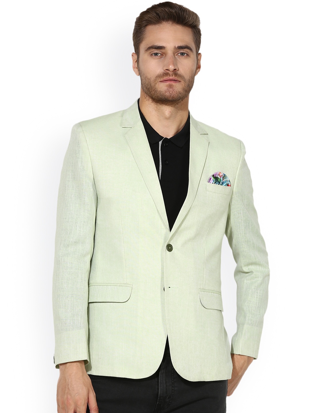 

Hangup Men Green Linen Single-Breasted Slim Fit Blazer