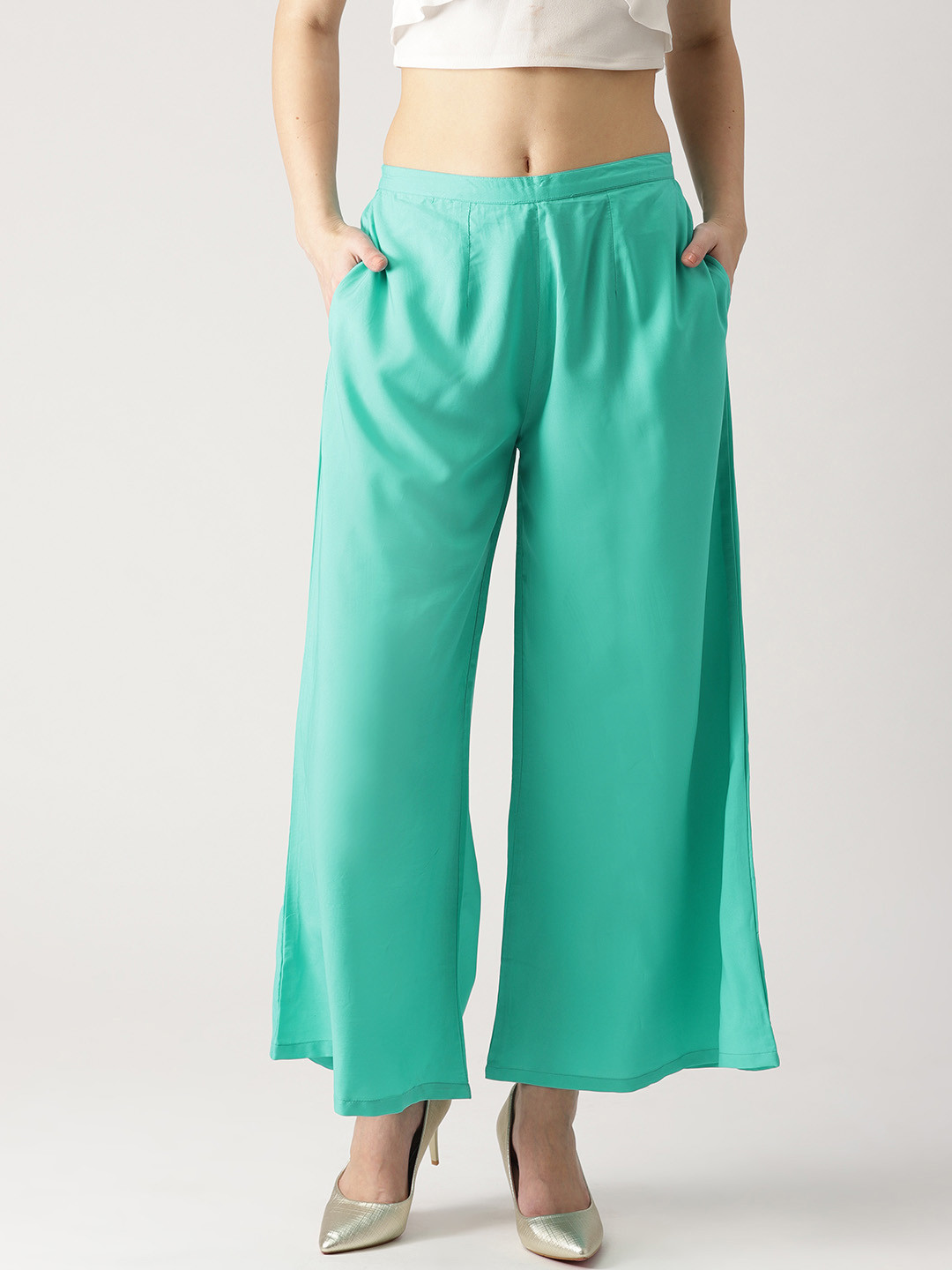 

Libas Women Turquoise Blue Solid Wide Leg Crepe Palazzos