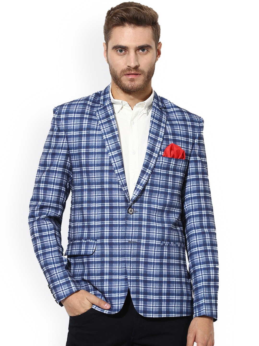 

Hangup Men Blue & White Checked Single-Breasted Slim Fit Casual Blazer