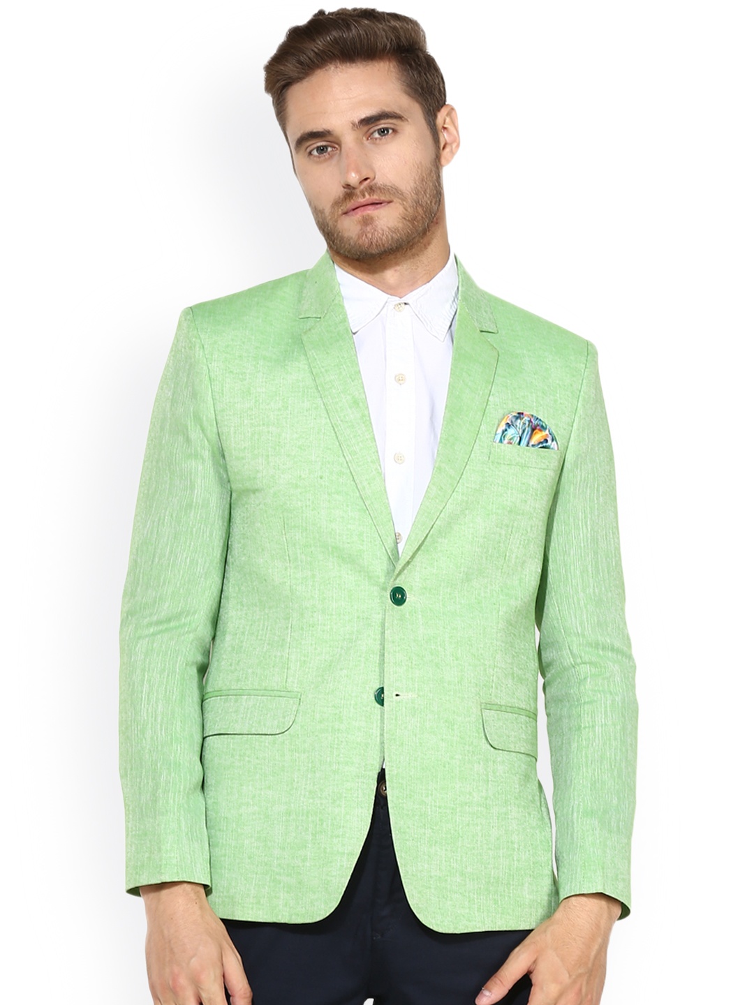 

Hangup Men Green Single-Breasted Linen Casual Blazer