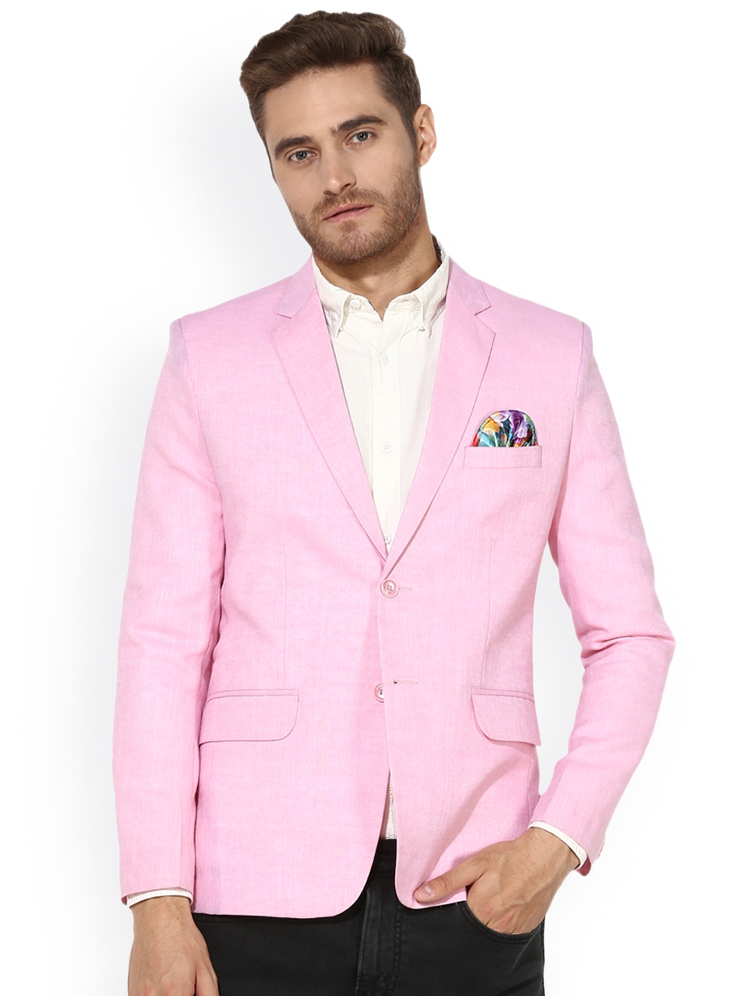 

Hangup Men Pink Solid Linen Single-Breasted Slim Fit Blazer