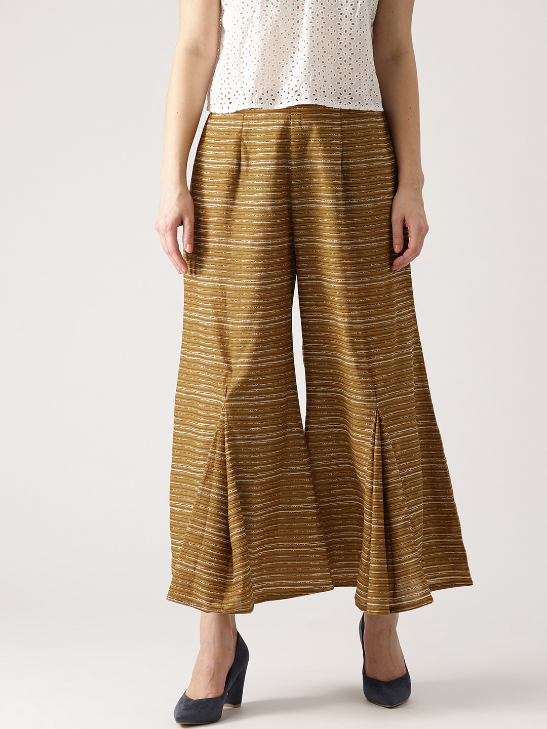 

Libas Women Mustard Yellow & Olive Green Printed Flared Palazzos