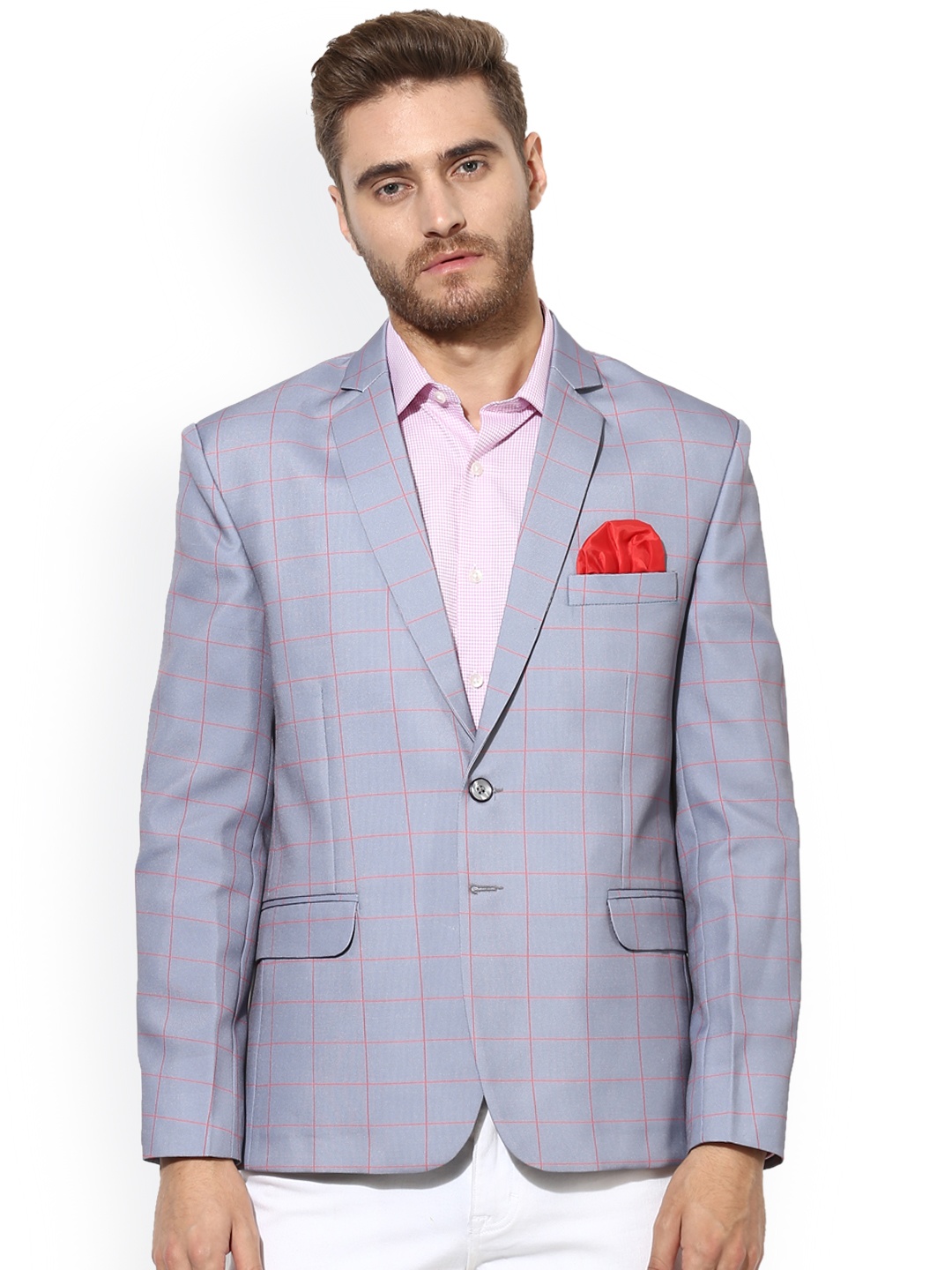 

Hangup Men Grey & Coral Checked Single-Breasted Slim Fit Casual Blazer