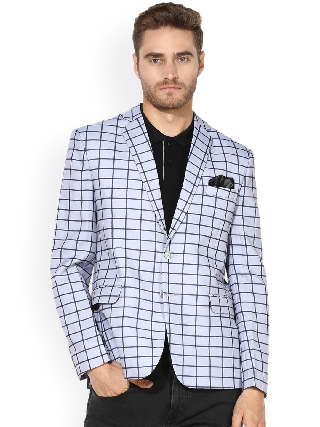 

Hangup Men Grey & Black Checked Single-Breasted Slim Fit Casual Blazer