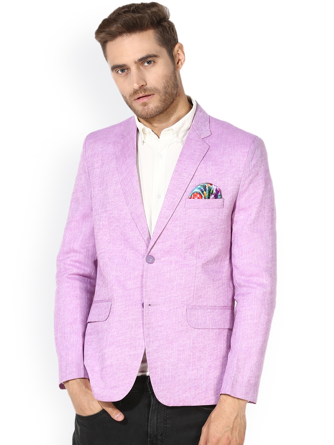 

Hangup Men Pink & White Linen Self-Design Single-Breasted Slim Fit Blazer