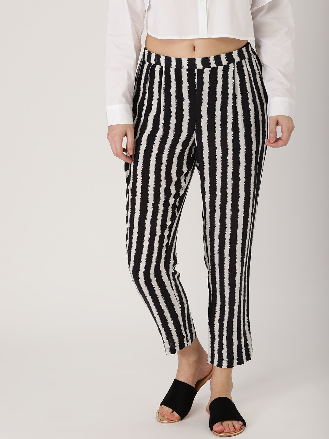 

Libas Women Black & White Regular Fit Striped Trousers