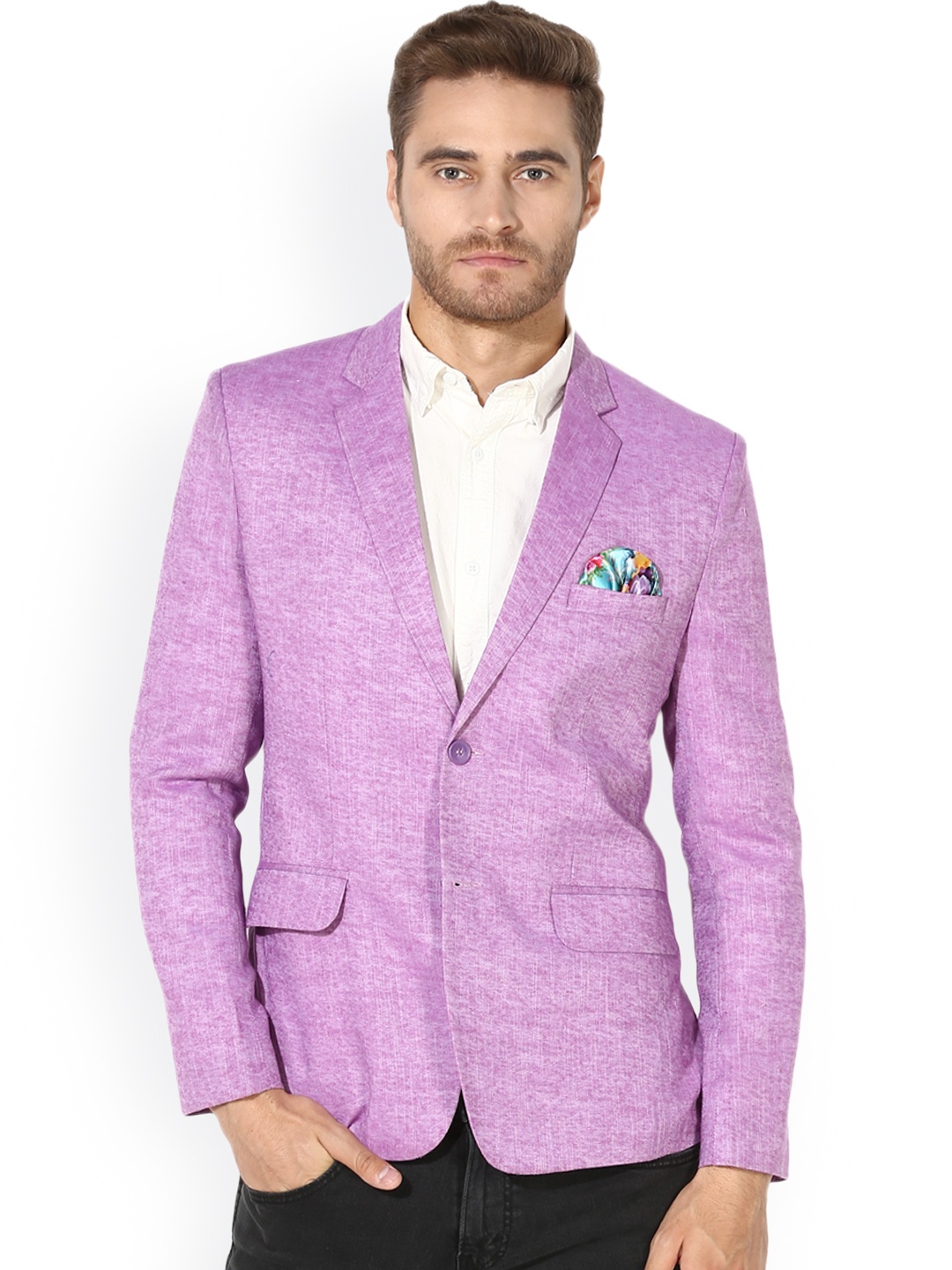 

Hangup Men Pink & White Linen Self-Design Single-Breasted Casual Blazer