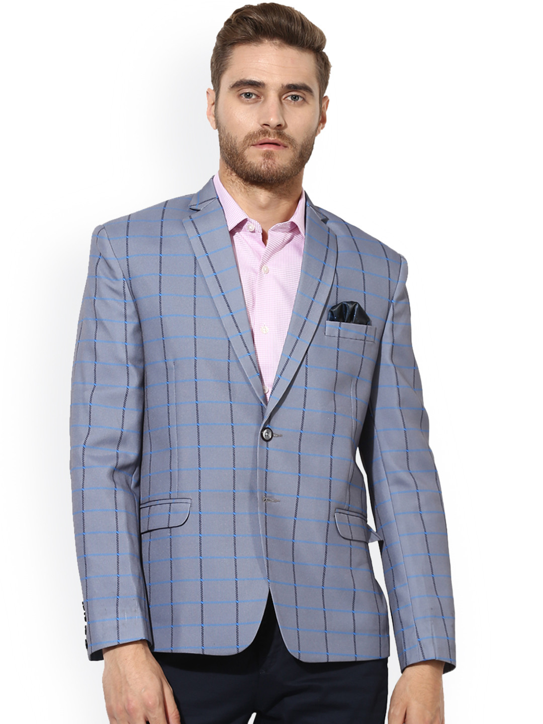 

Hangup Men Grey, Blue & Black Self-Design Single-Breasted Slim Fit Casual Blazer