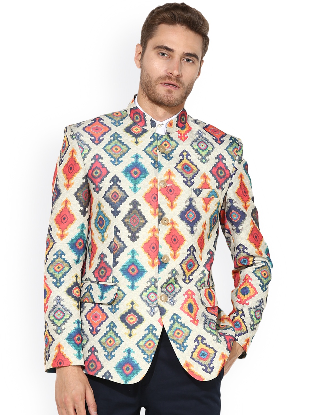 

Hangup Men Multicoloured Ethnic-Motifs Design Single-Breasted Bandhgala Blazer, Multi
