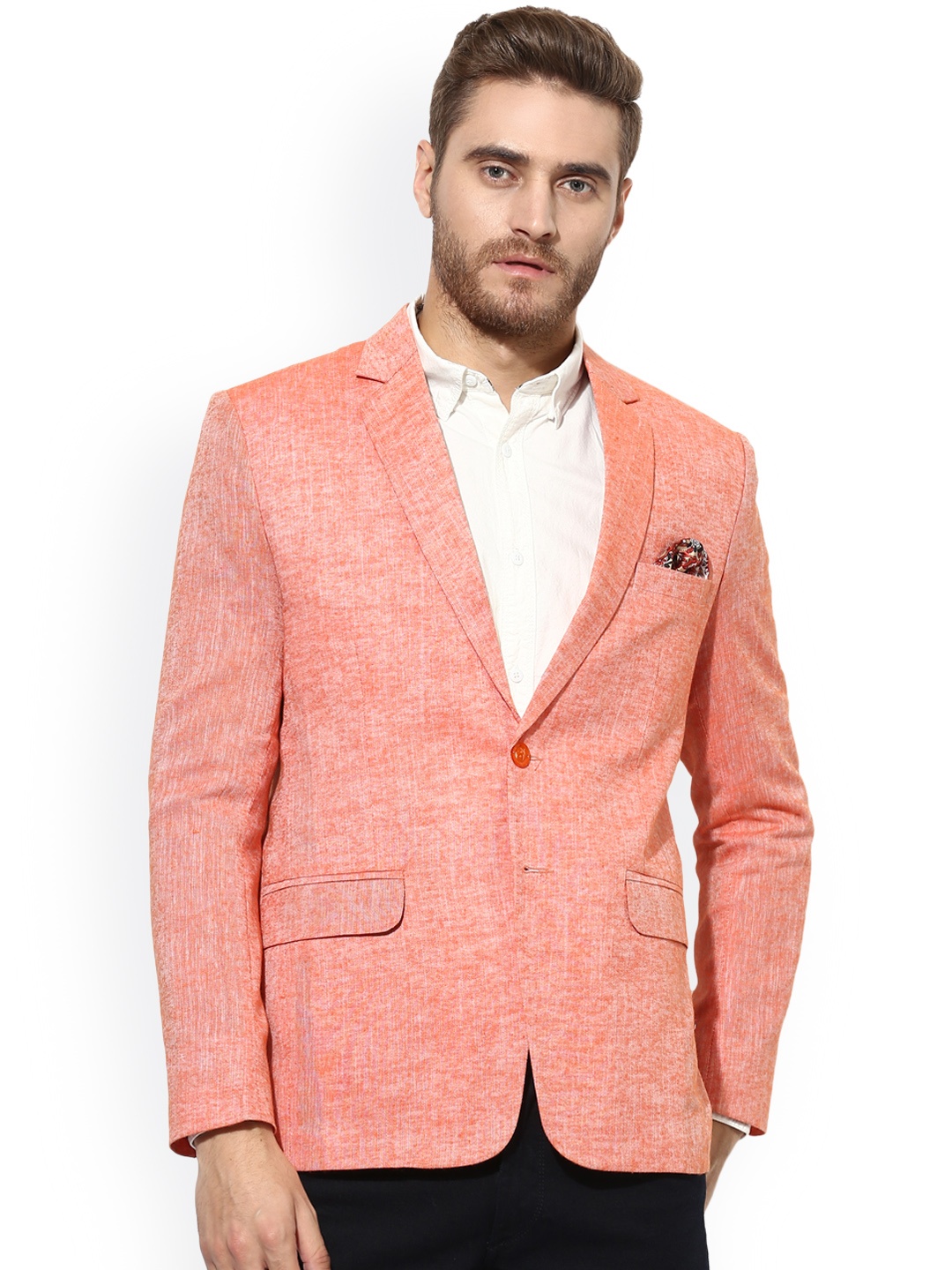 

Hangup Peach Self-Design Linen Single-Breasted Slim Fit Blazer