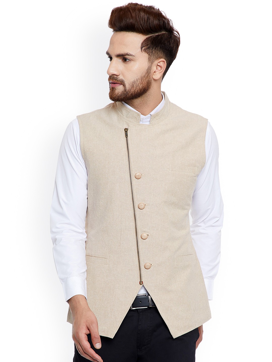 

Hypernation Men Beige Solid Waistcoat