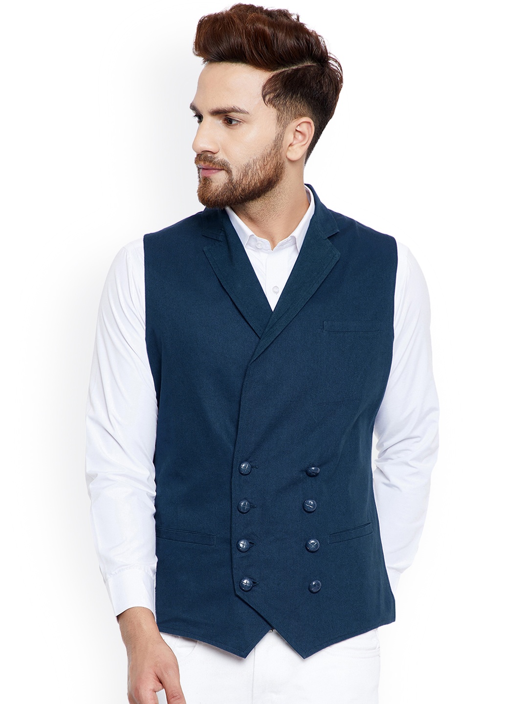 

Hypernation Men Blue Double-Breasted Waistcoat