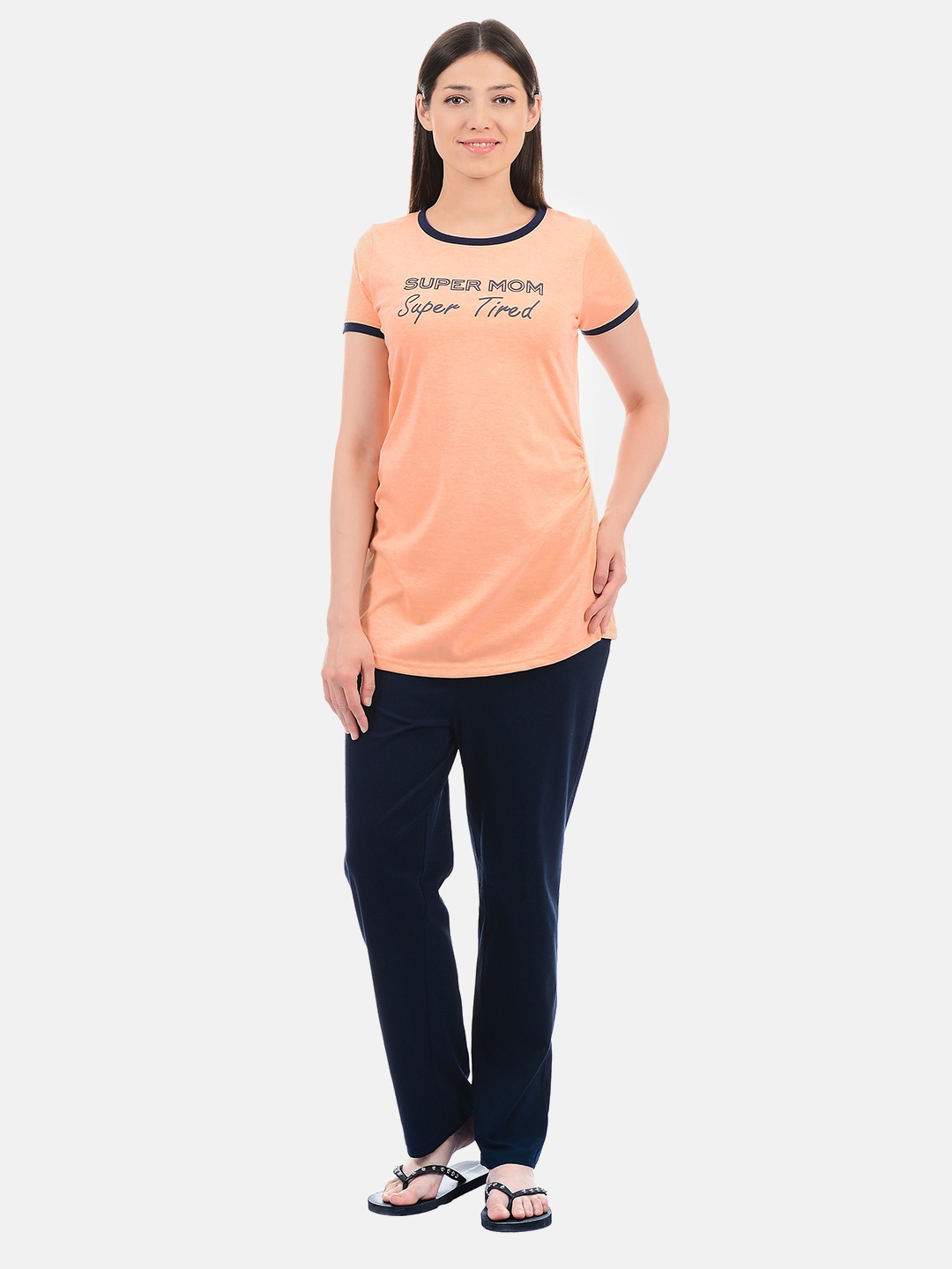 

Sweet Dreams Women Orange & Navy Blue Printed Maternity Night Suit