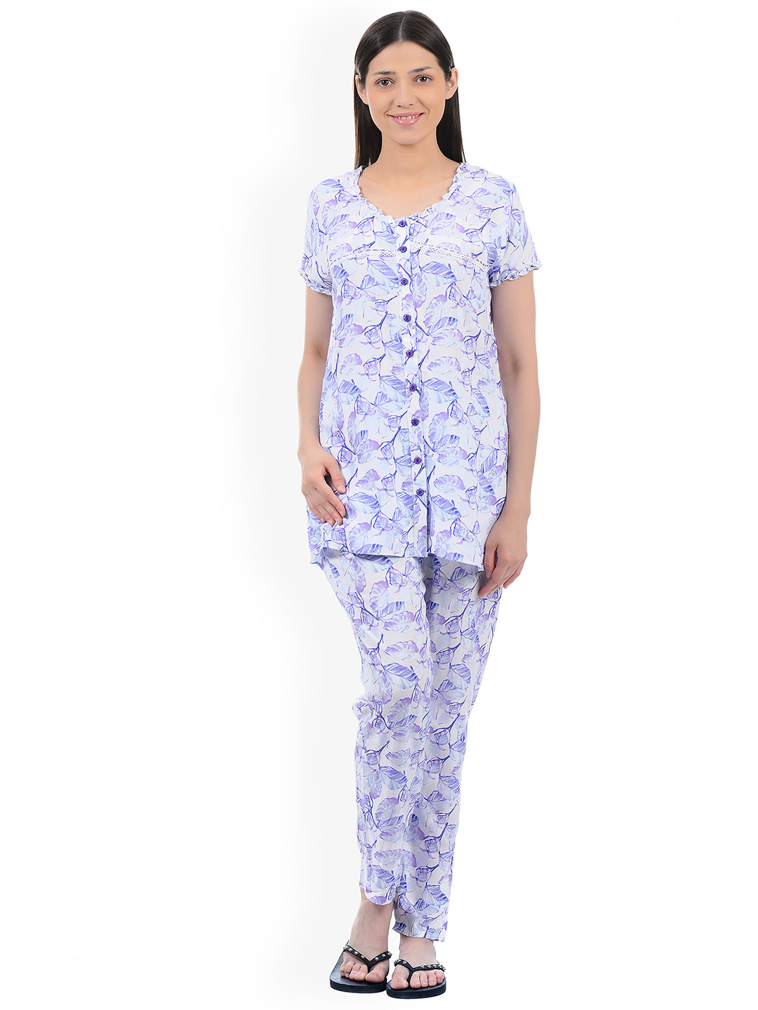 

Sweet Dreams Women Off-White & Blue Printed Night Suit with Ruffled Detail & Lace Inserts