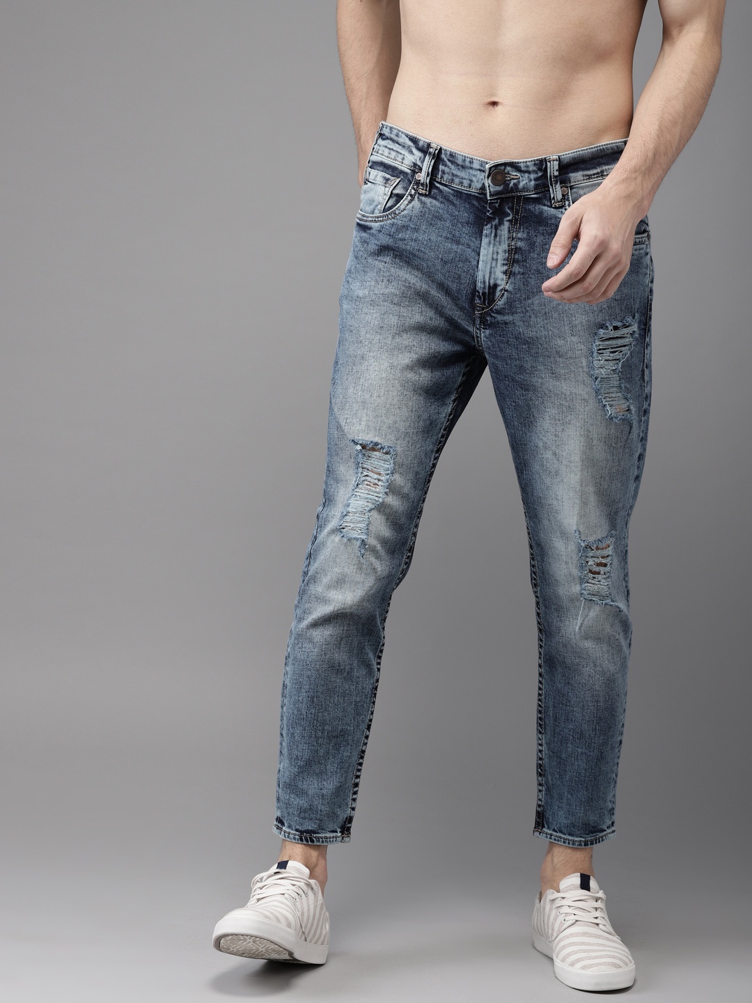 

HERE&NOW Men Blue Slim Fit Mid-Rise Mildly Distressed Stretchable Cropped Jeans