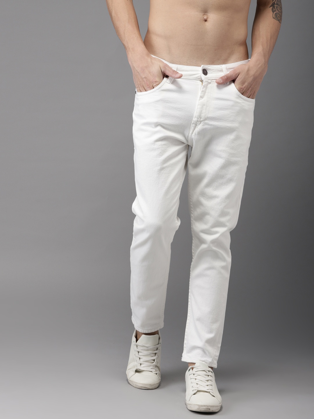 

HERE&NOW Men White Slim Fit Mid-Rise Clean Look Stretchable Cropped Jeans