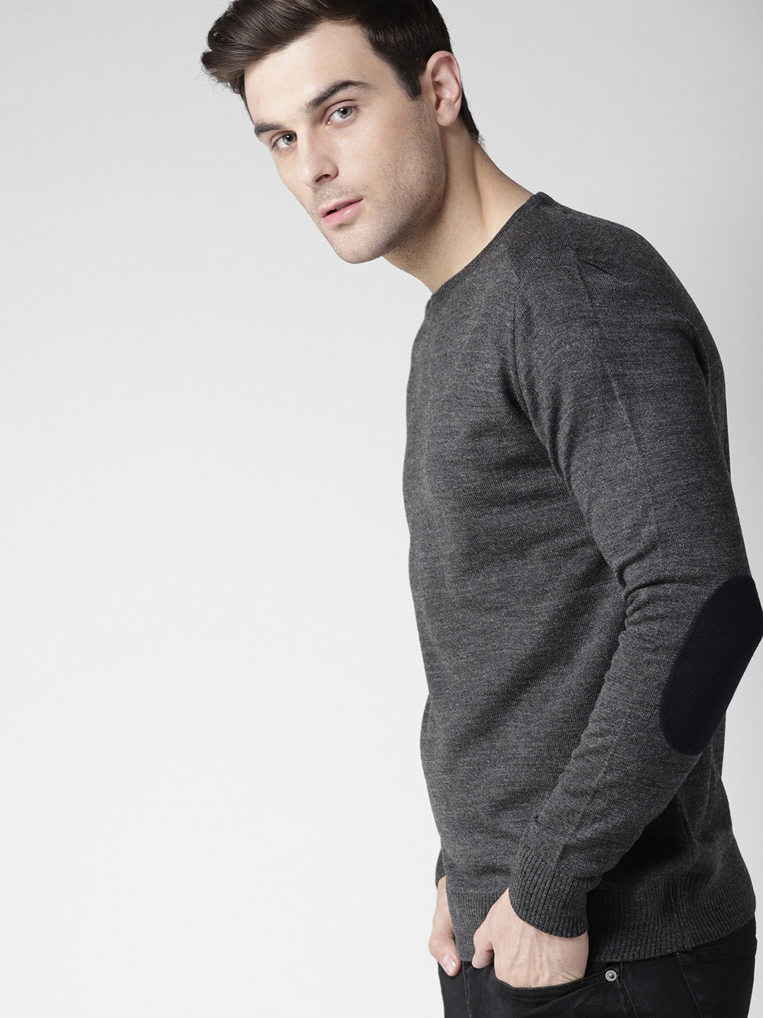 

Mast & Harbour Men Charcoal Grey Solid Pullover