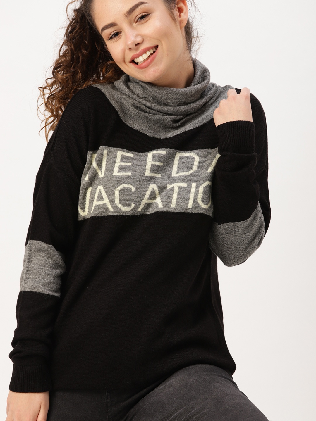 

DressBerry Women Black & Grey Self Design Pullover