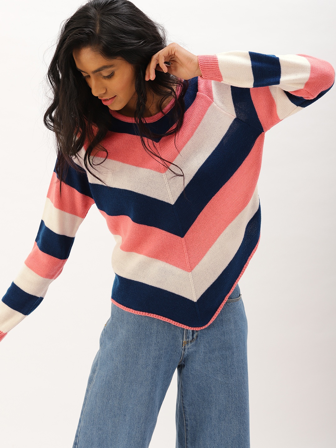 

DressBerry Women White & Peach-Coloured Striped Pullover