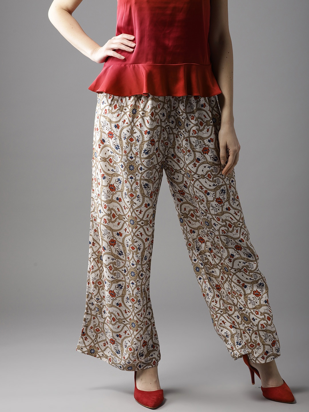 

Moda Rapido Women White & Beige Printed Straight Palazzos