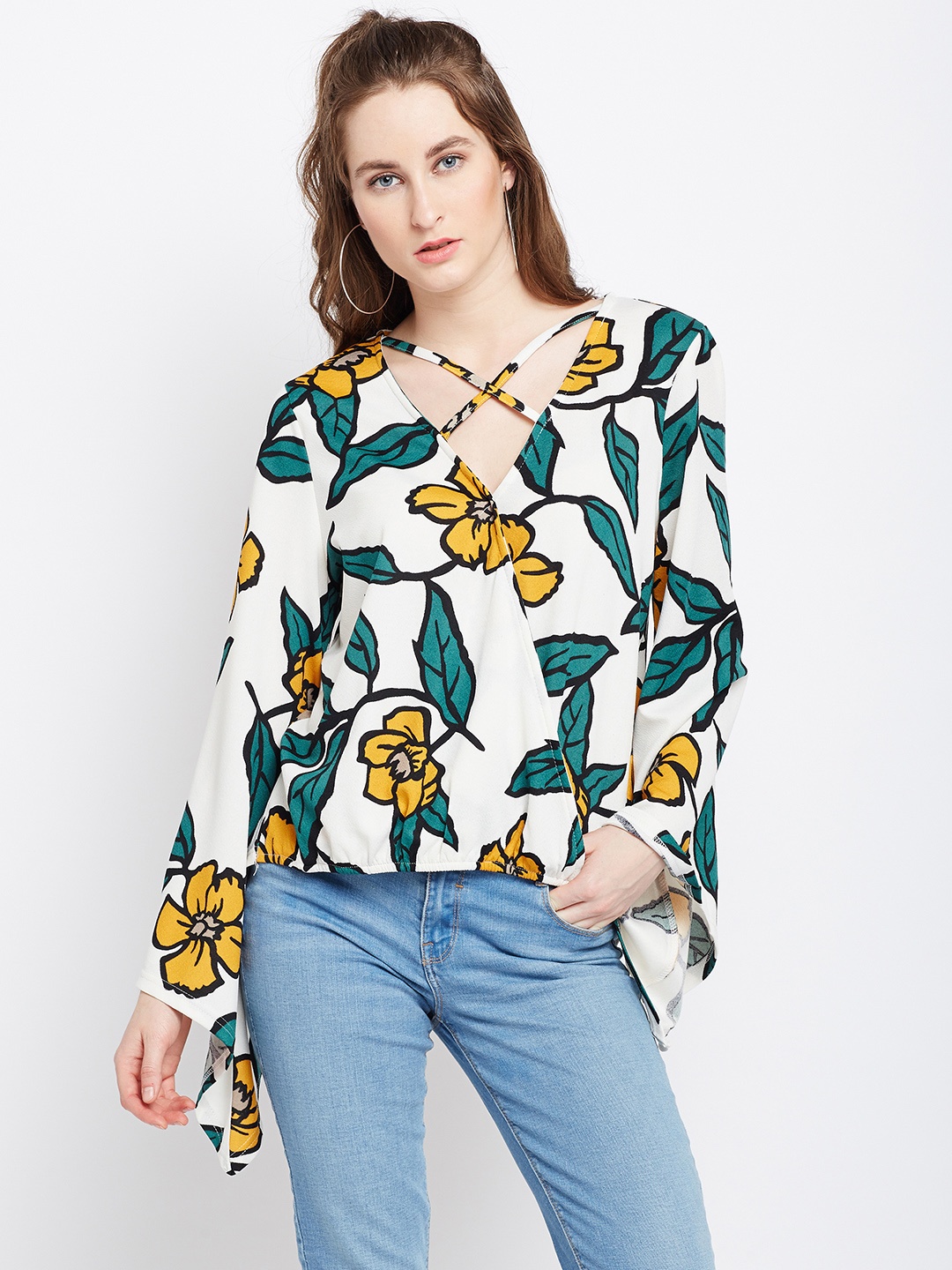 

Berrylush Women White Printed Wrap Top