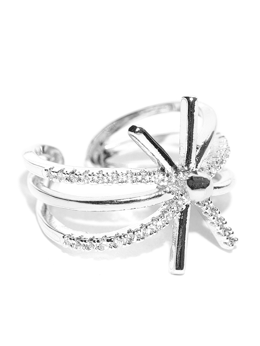 

Golden Peacock Silver-Toned Cubic Zirconia Stone-Studded Open Ring