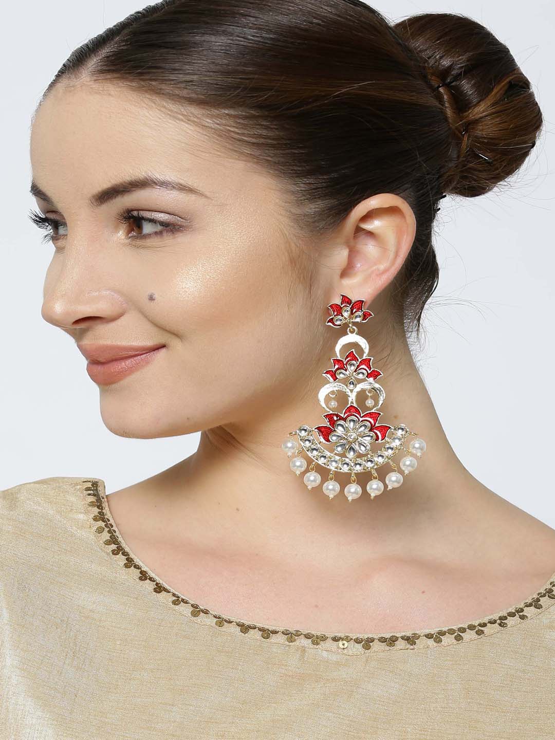 

PANASH Red & Off-White Gold-Plated Handcrafted Floral Drop Earrings
