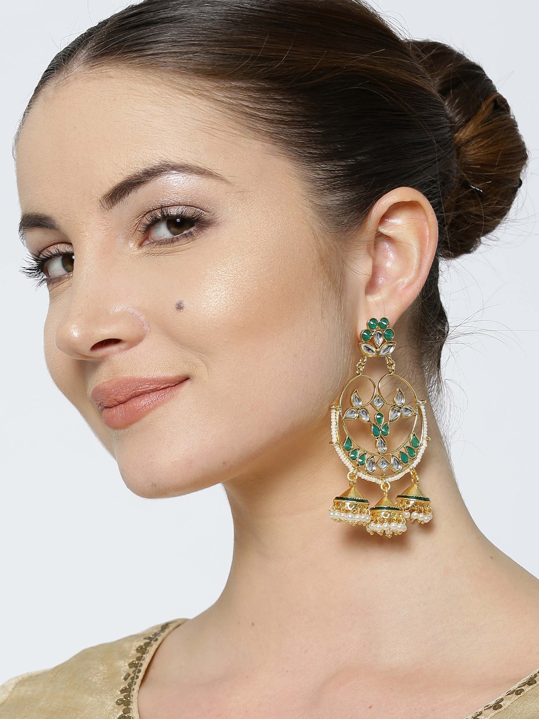 

PANASH Green & Off-White Gold-Plated Handcrafted & Green Crescent-Shaped Chandbalis