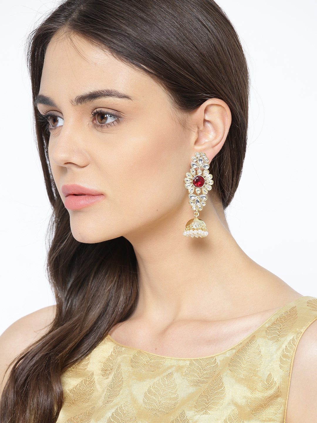 

PANASH Gold-Toned & Maroon Dome Shaped Jhumkas