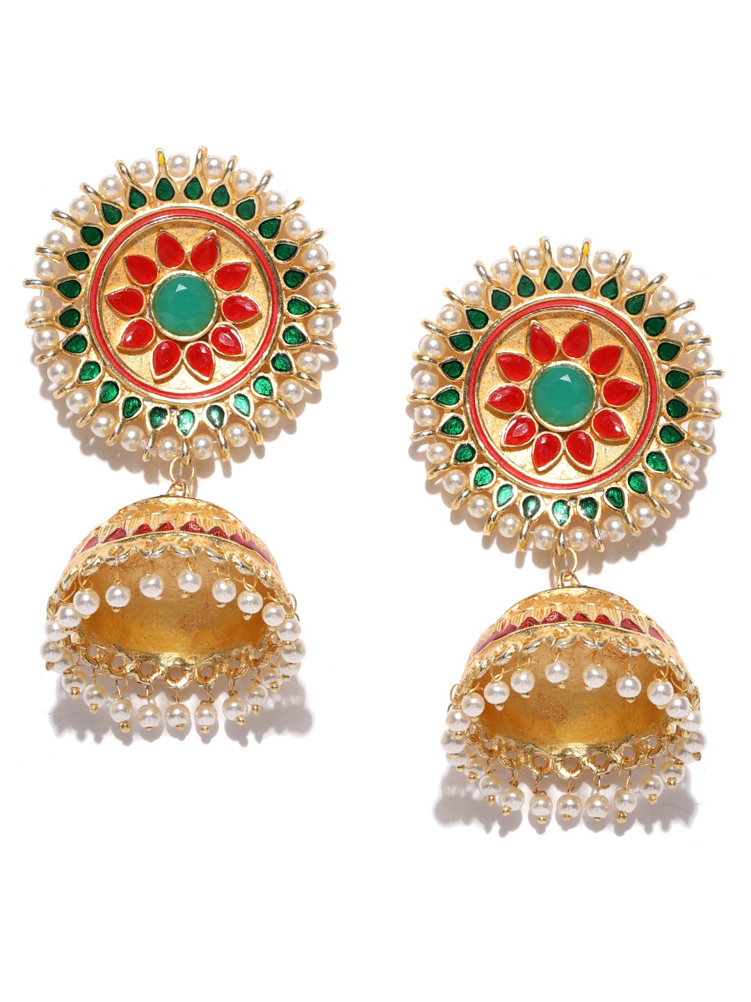 

PANASH Red & Green Gold-Plated Handcrafted Dome-Shaped Jhumkas