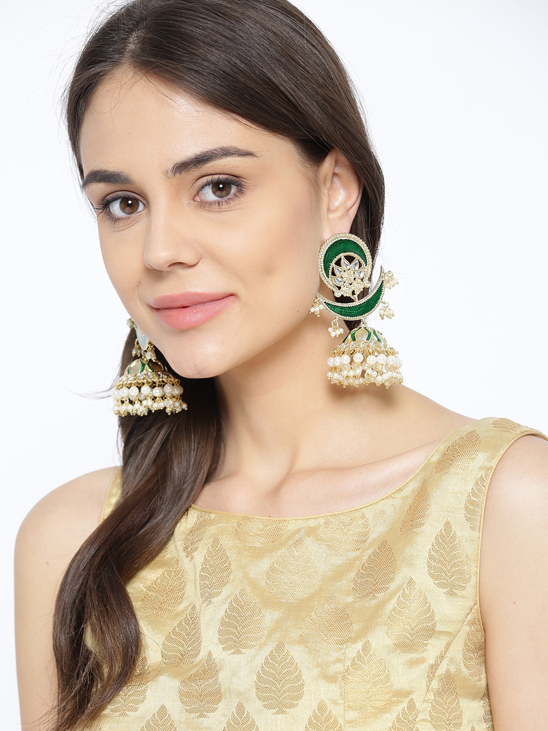 

PANASH Gold-Toned & Green Crescent Shaped Jhumkas