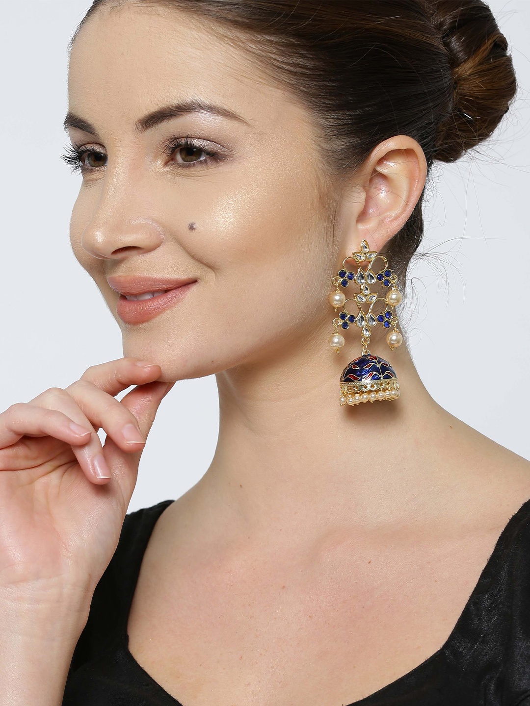 

PANASH Blue & Off-White Gold-Plated Handcrafted Dome-Shaped Jhumkas