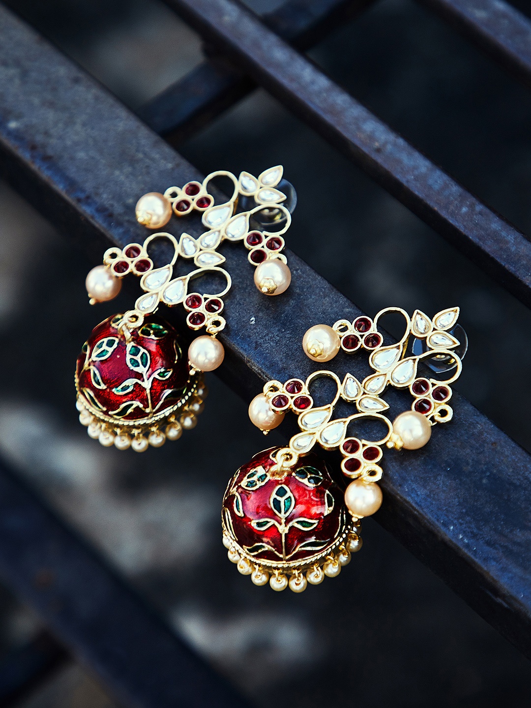 

PANASH Maroon & Off-White Gold-Plated Handcrafted Dome-Shaped Jhumkas