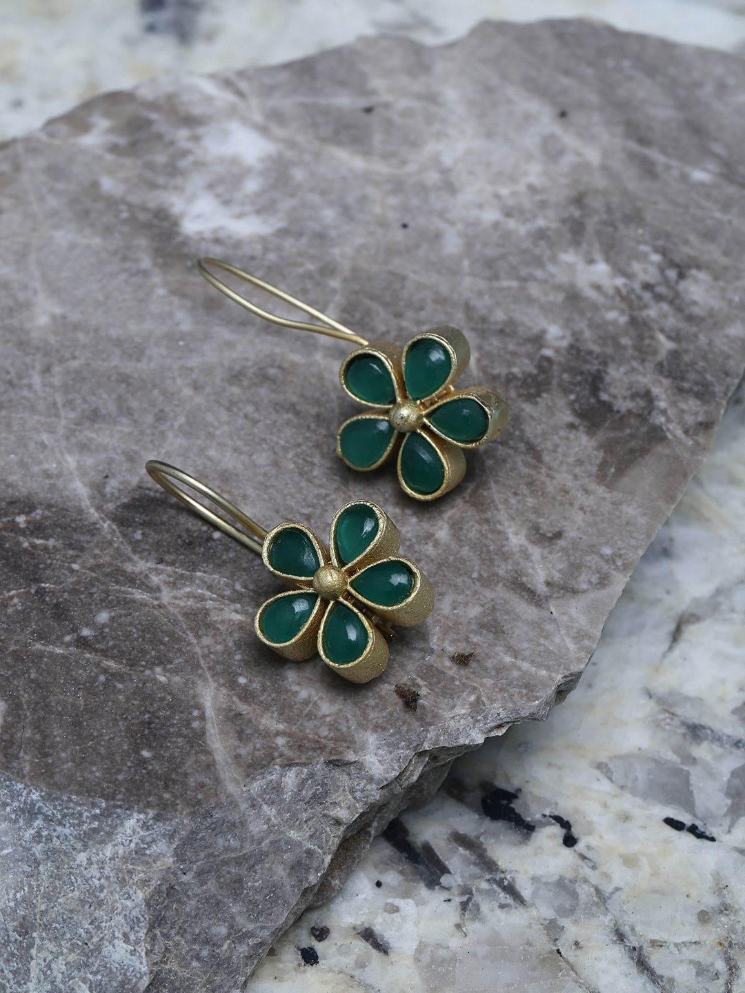 

PANASH Green Gold-Plated Handcrafted Floral Drop Earrings
