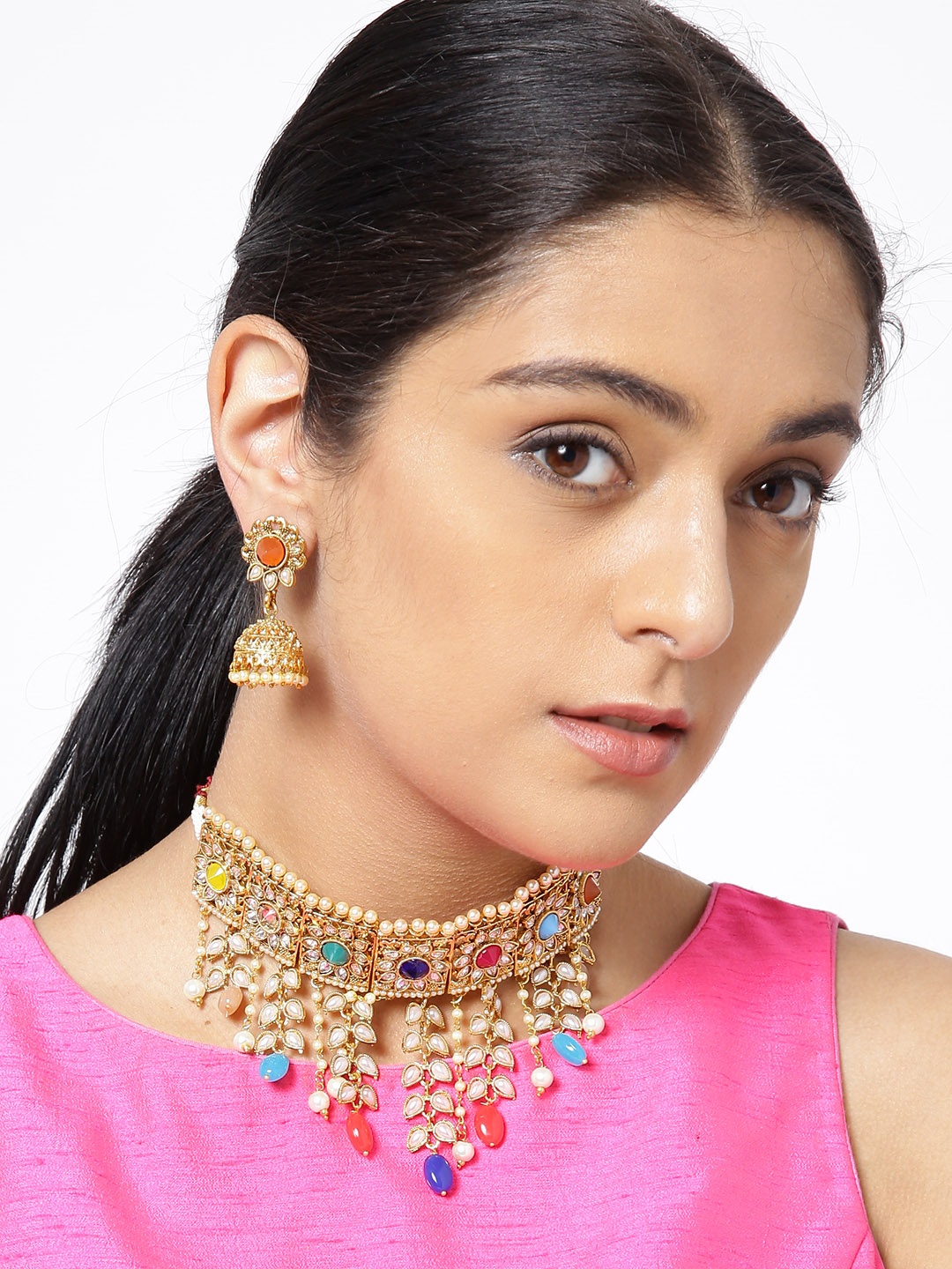 

PANASH Multicoloured Gold-Plated Stone-Studded Jewellery Set, Multi