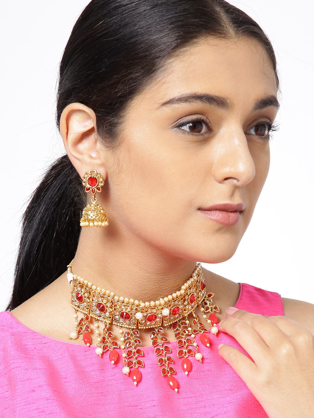 

PANASH Red Gold-Plated Stone-Studded Jewellery Set