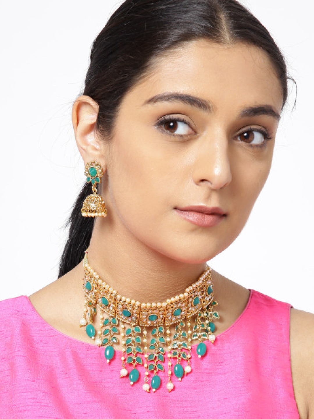 

PANASH Green Gold-Plated Stone-Studded Jewellery Set