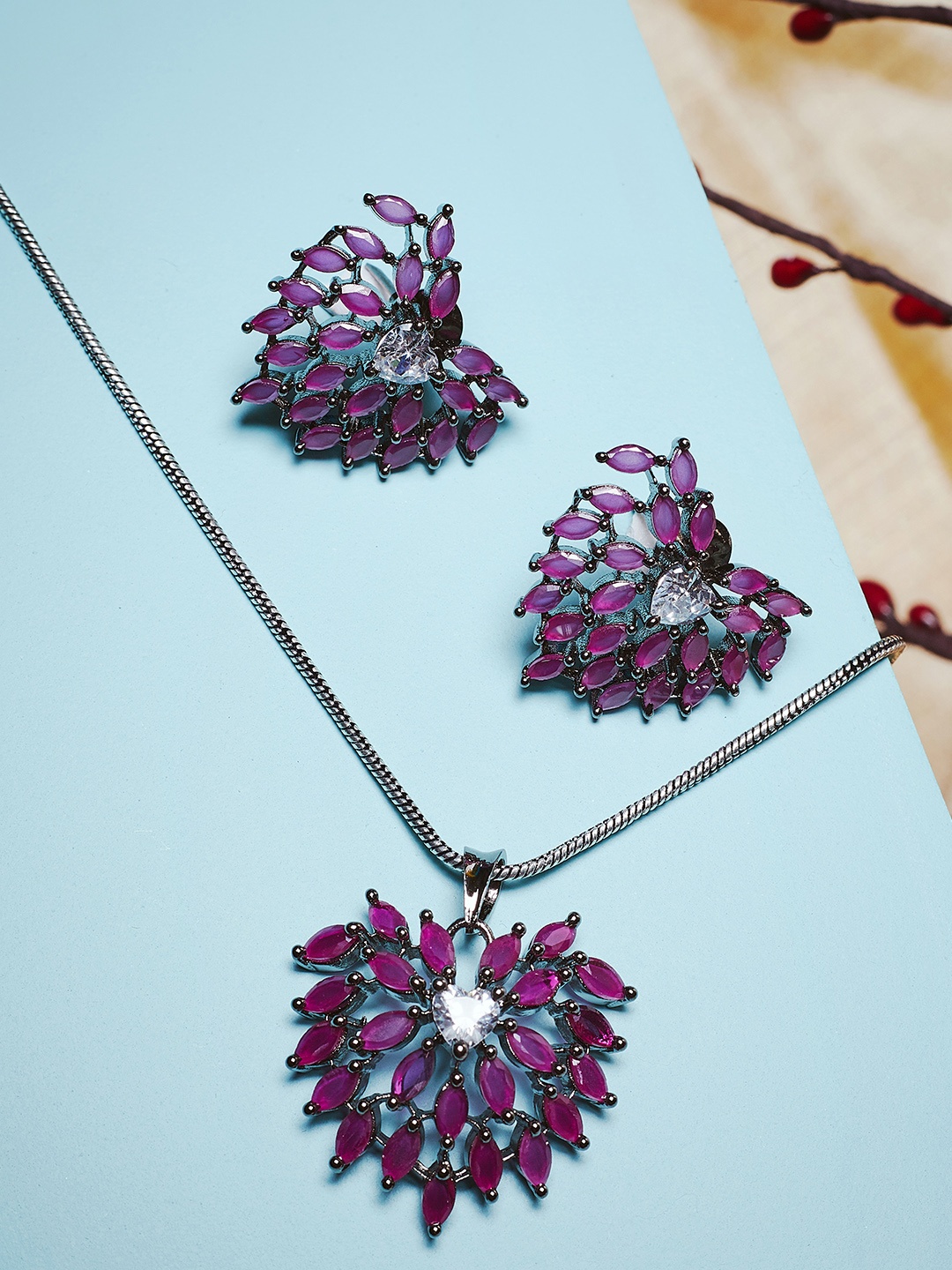 

PANASH Purple & Silver-Toned Stone-Studded Jewellery Set