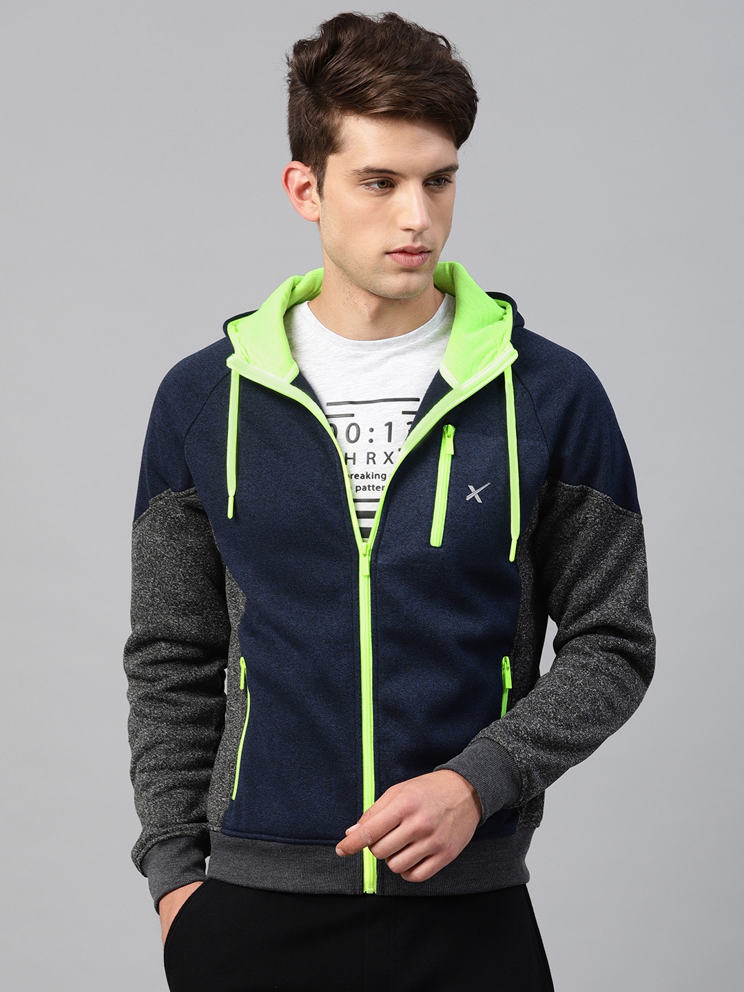 

HRX by Hrithik Roshan Men Navy & Grey Melange Colourblocked Outdoor Hooded Sweatshirt, Navy blue