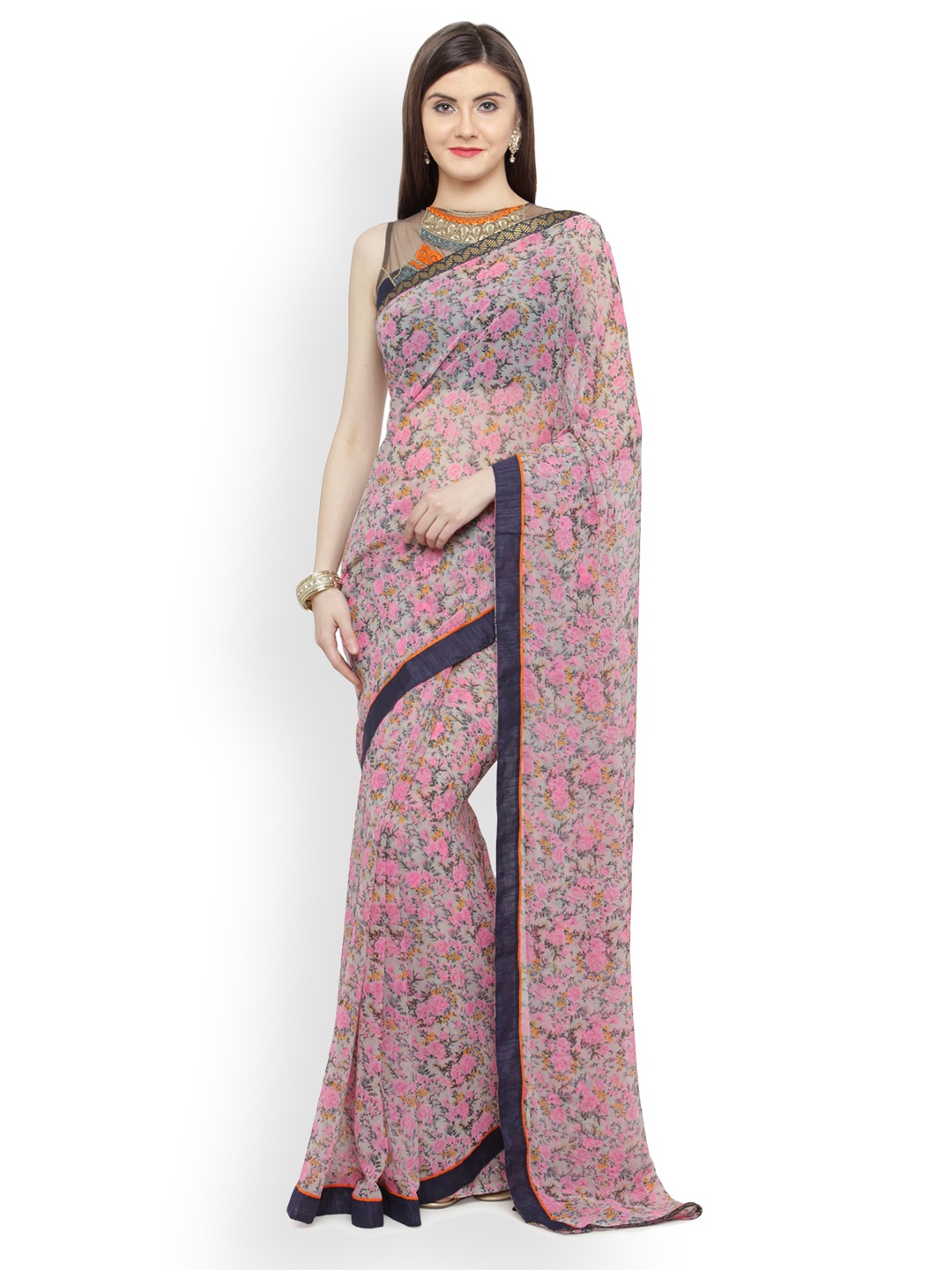 

Shaily Pink & Grey Pure Georgette Embellished Saree