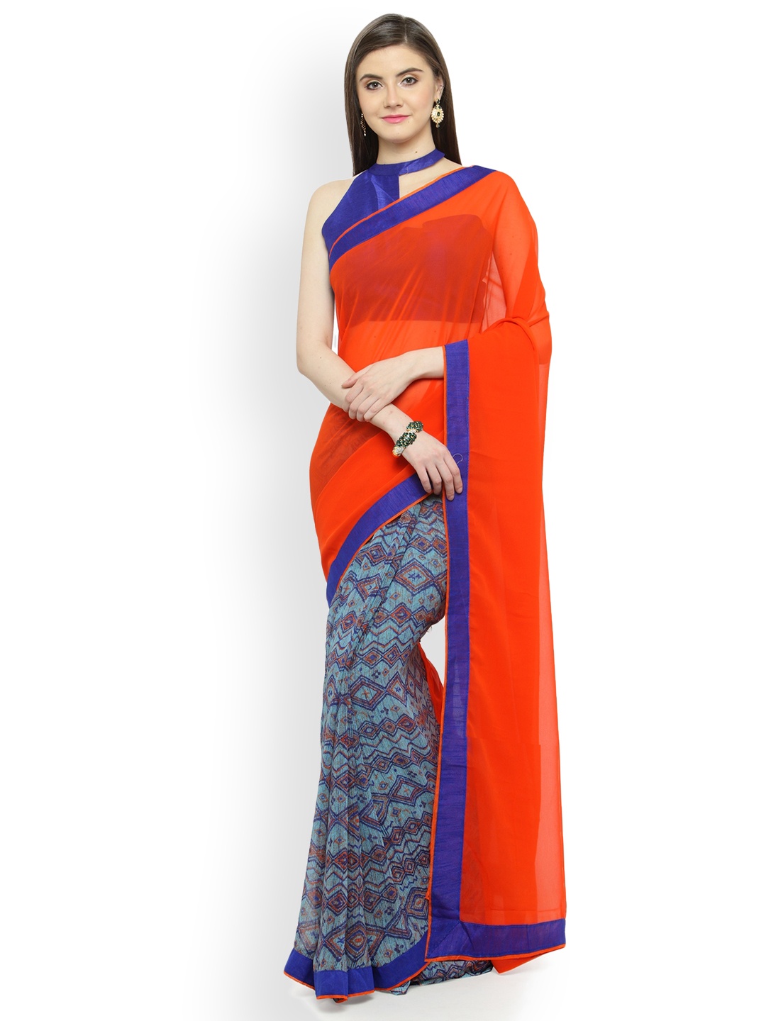 

Shaily Orange & Blue Pure Georgette Printed Half and Half Saree