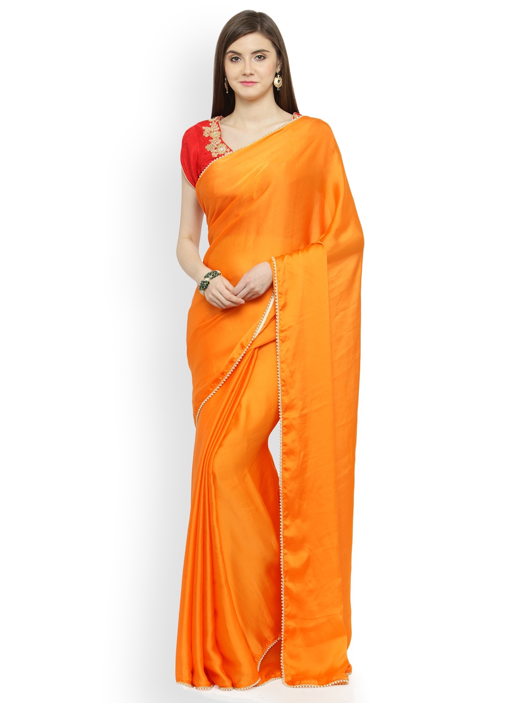 

Shaily Orange Solid Satin Saree