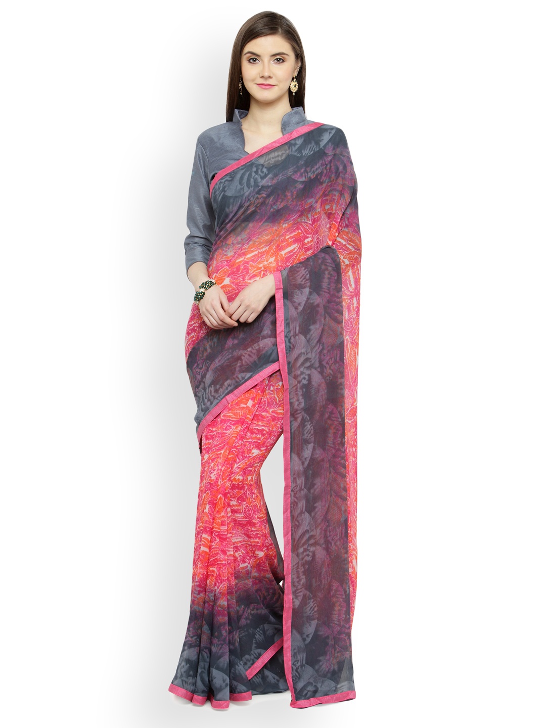 

Shaily Pink & Grey Pure Georgette Printed Saree