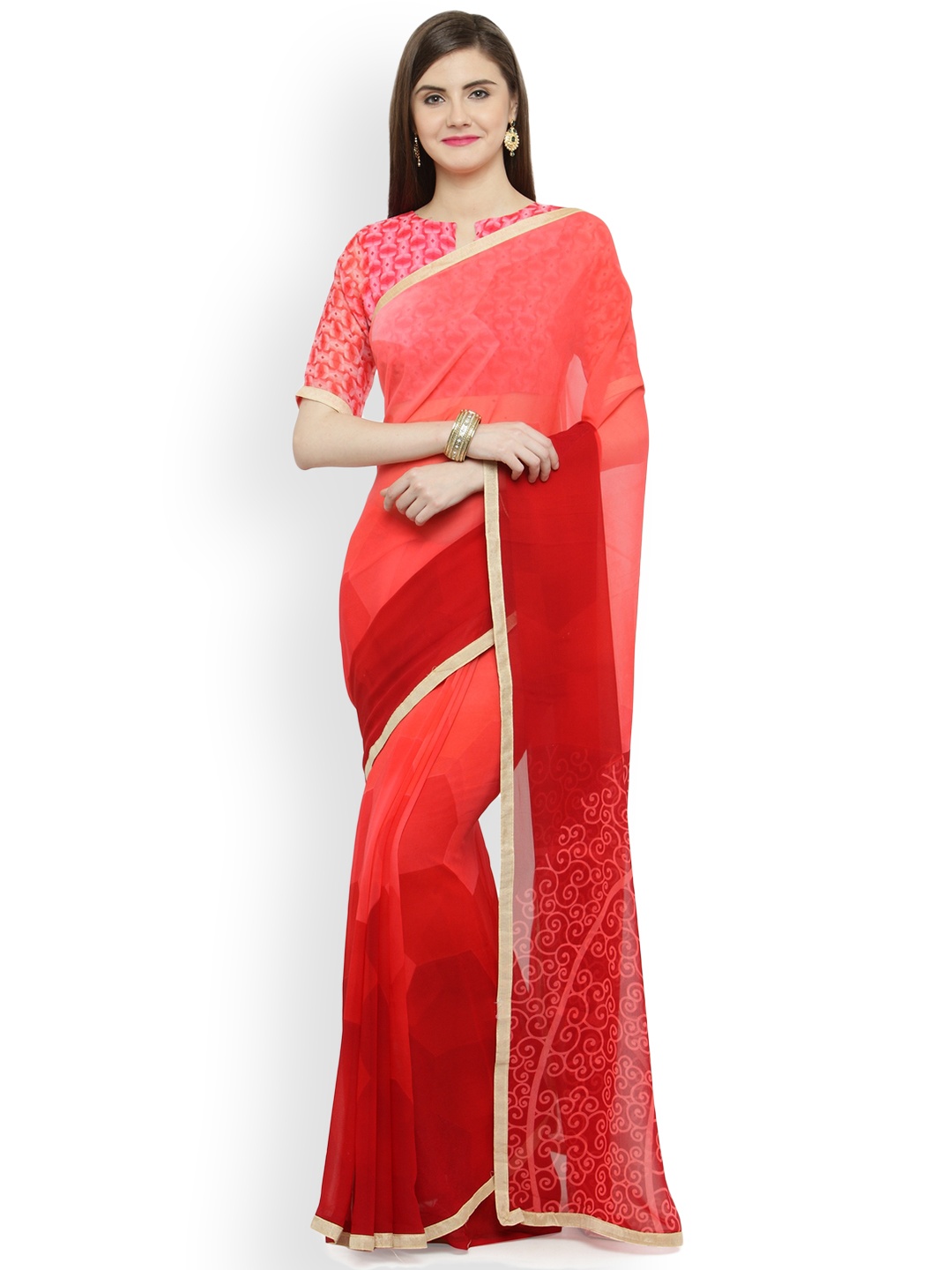 

Shaily Pink & Red Pure Georgette Printed Saree