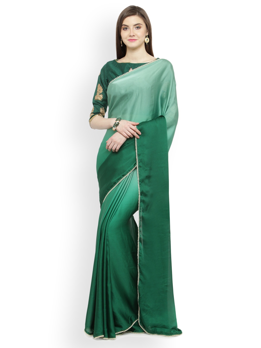 

Shaily Green Solid Satin Saree