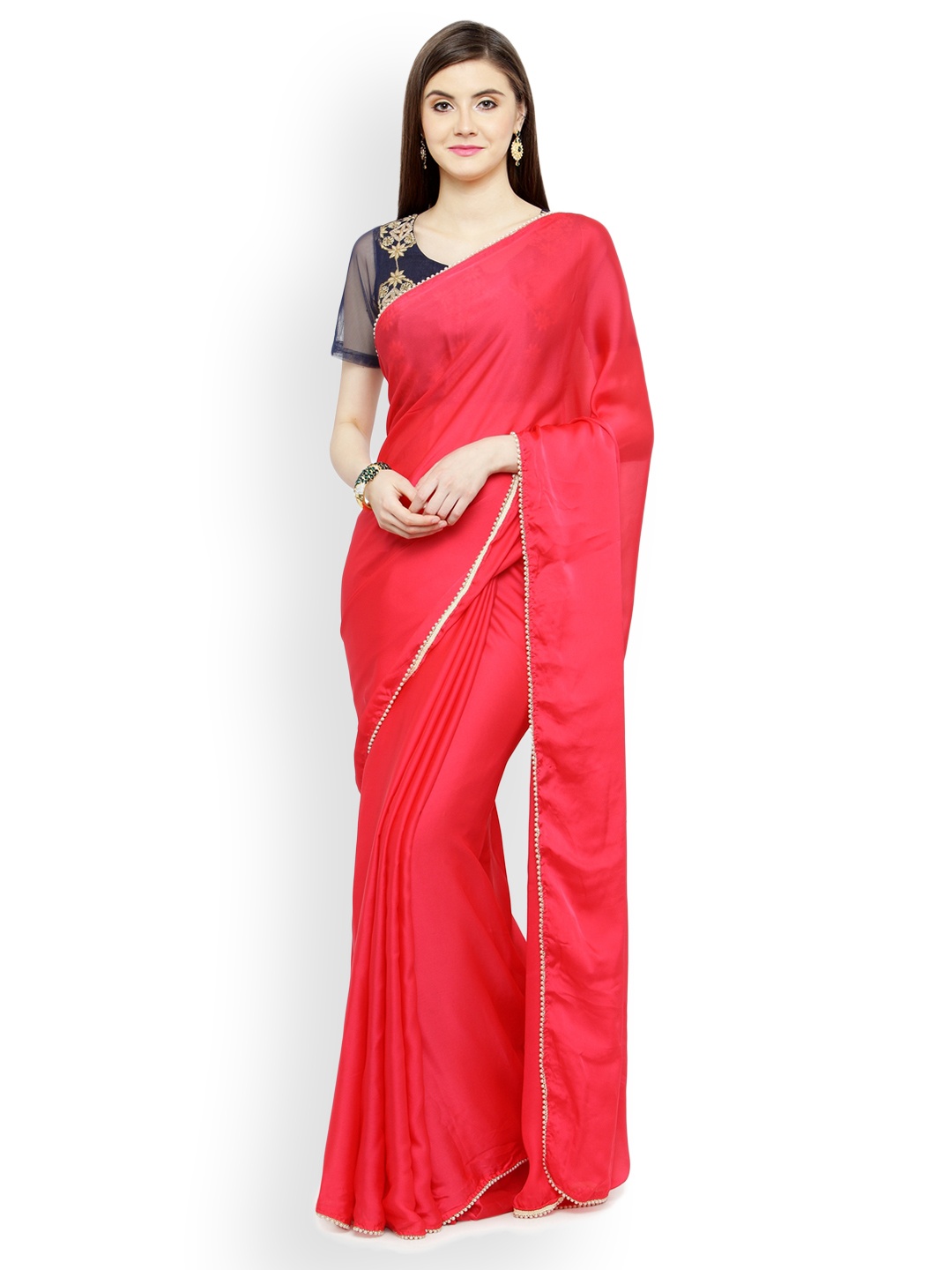 

Shaily Coral & Pink Satin Solid Saree