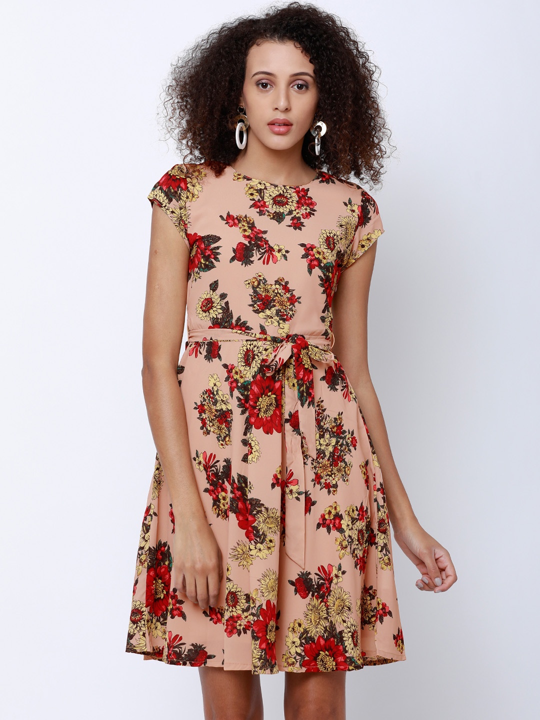 

Tokyo Talkies Women Semi-Fit Peach-Coloured Printed Fit and Flare Dress